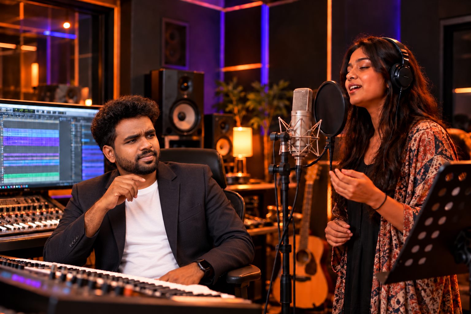 Music mentor guiding an aspiring singer inside the studio