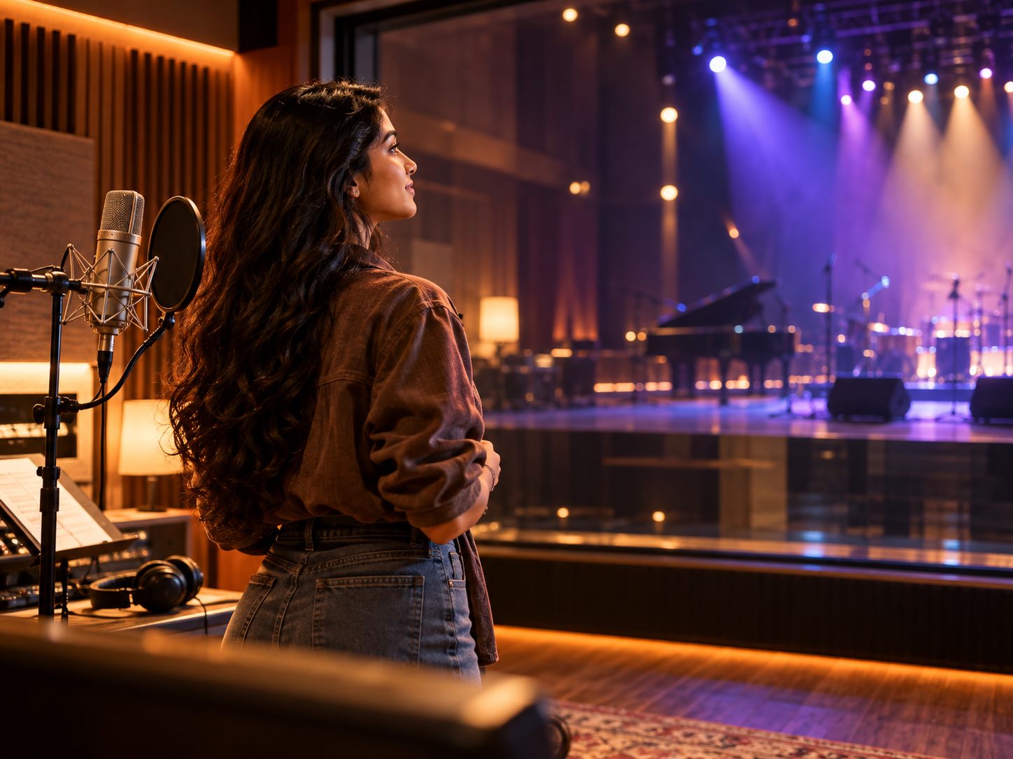Aspiring singer looking toward a performance stage