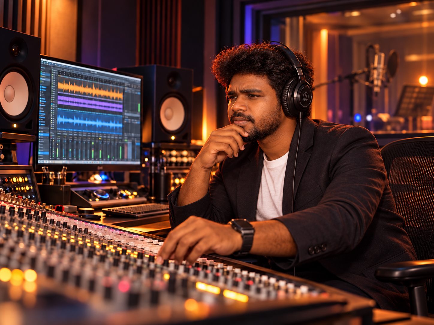 Sound engineer reviewing a recording at Joy Record Studio