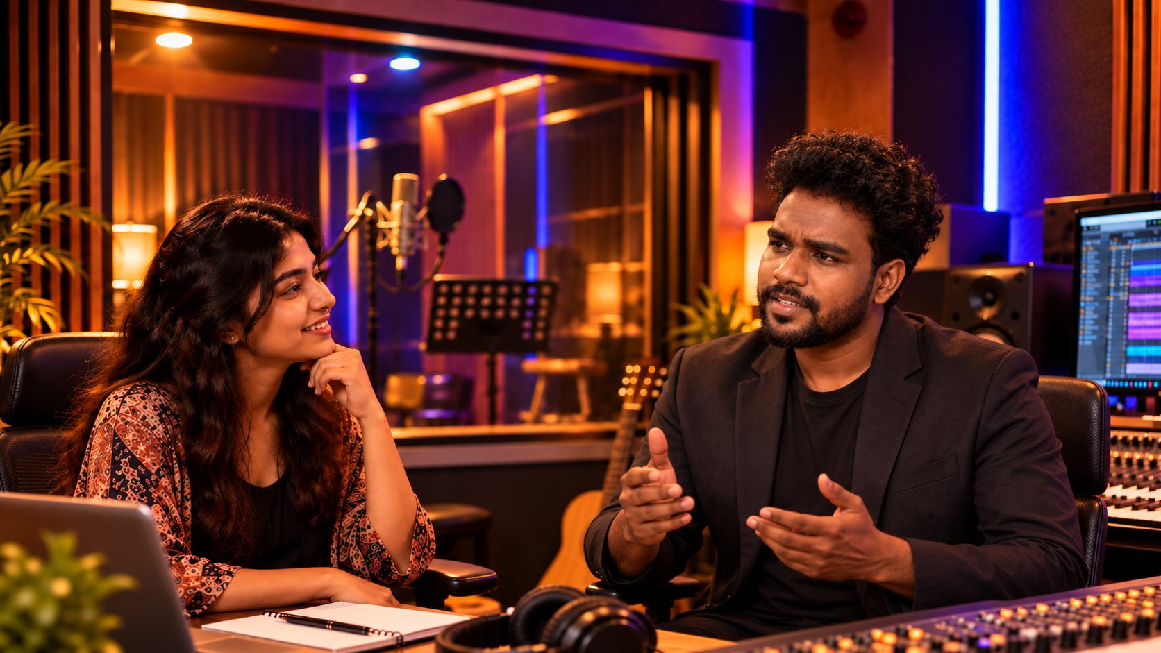 Studio representative speaking with a singer about a recording session