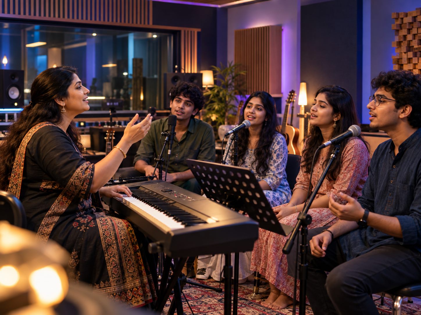 Singing instructor coaching academy students