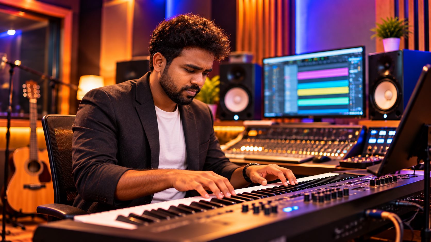 Musician playing keyboard during a studio rehearsal