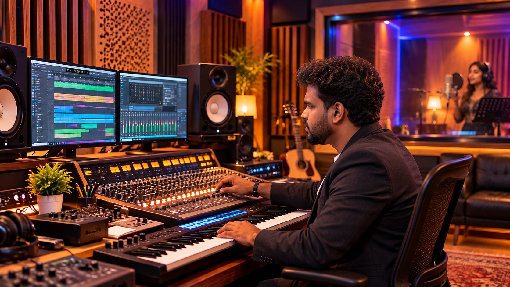 Music producer working at the mixing console