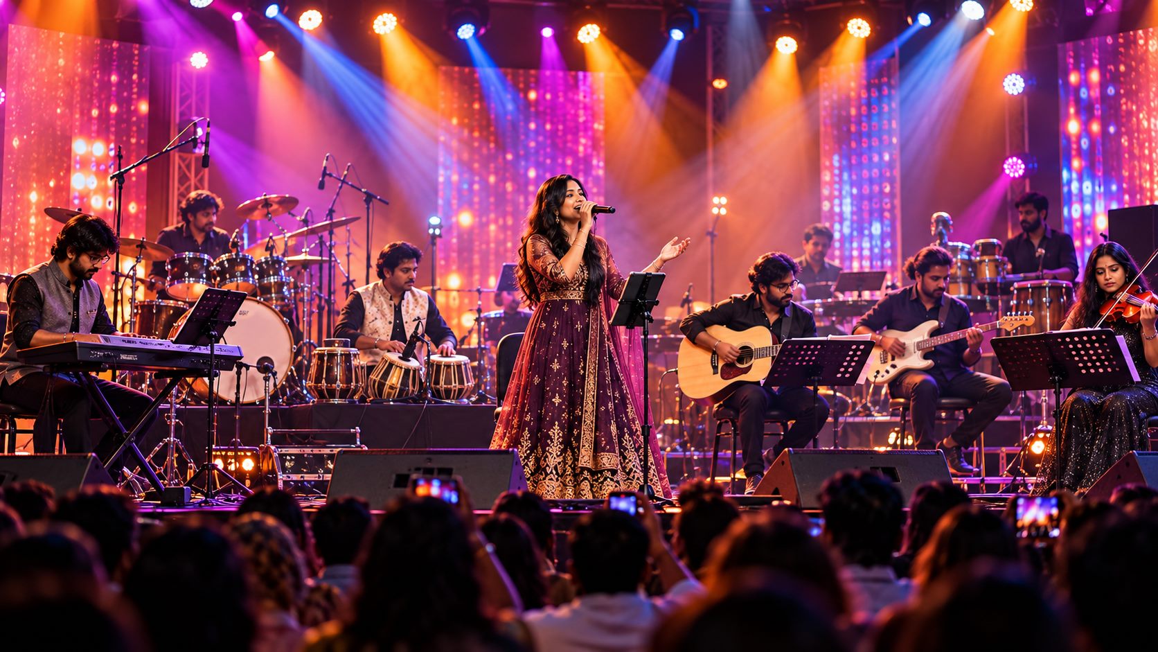 Orchestra performing together on stage