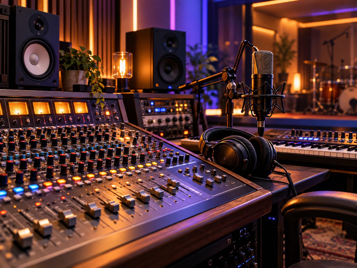 Recording console and studio monitors at Joy Record Studio