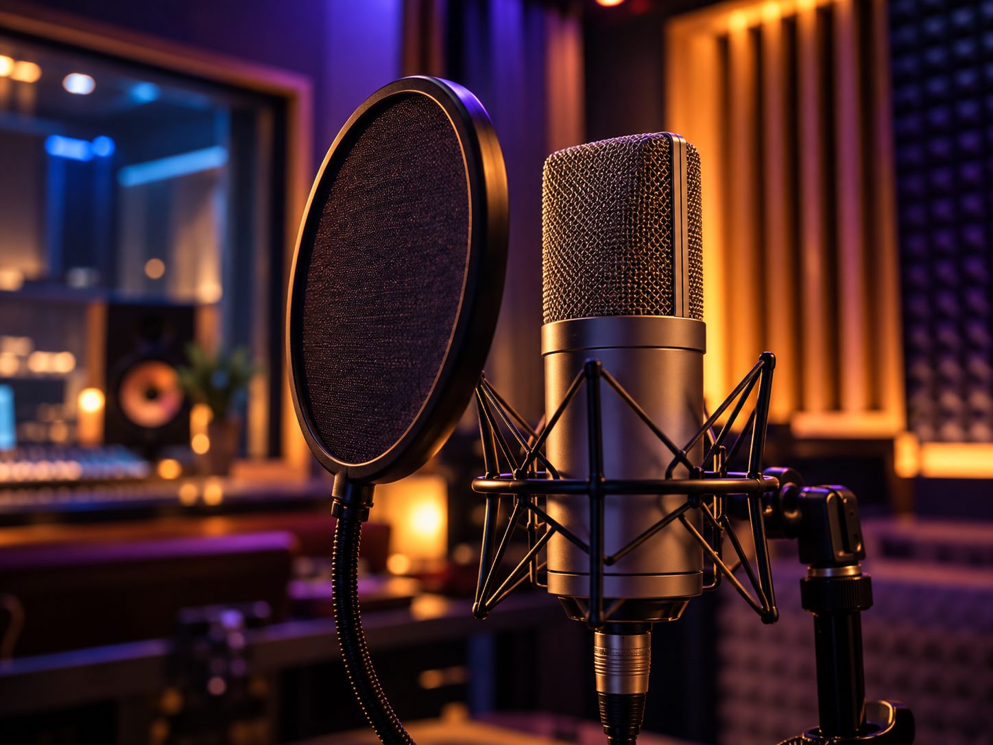 Close-up condenser microphone inside the vocal booth