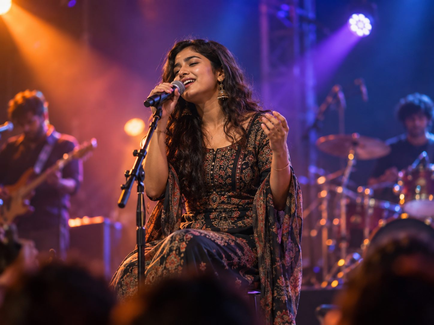 Young singer performing live on a professional stage