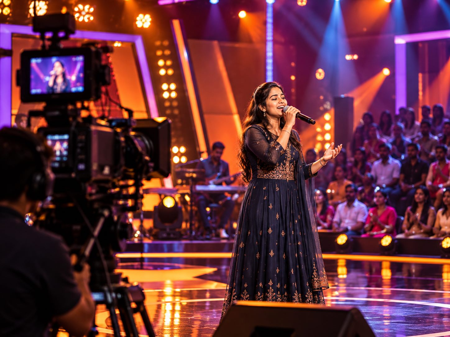 Singer performing on a television-style singing stage
