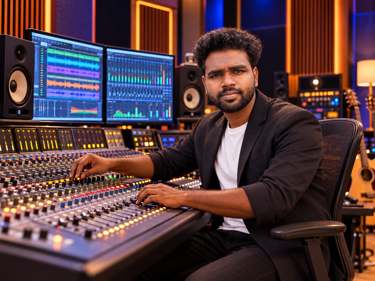 Sound engineer mixing and mastering at a large audio console