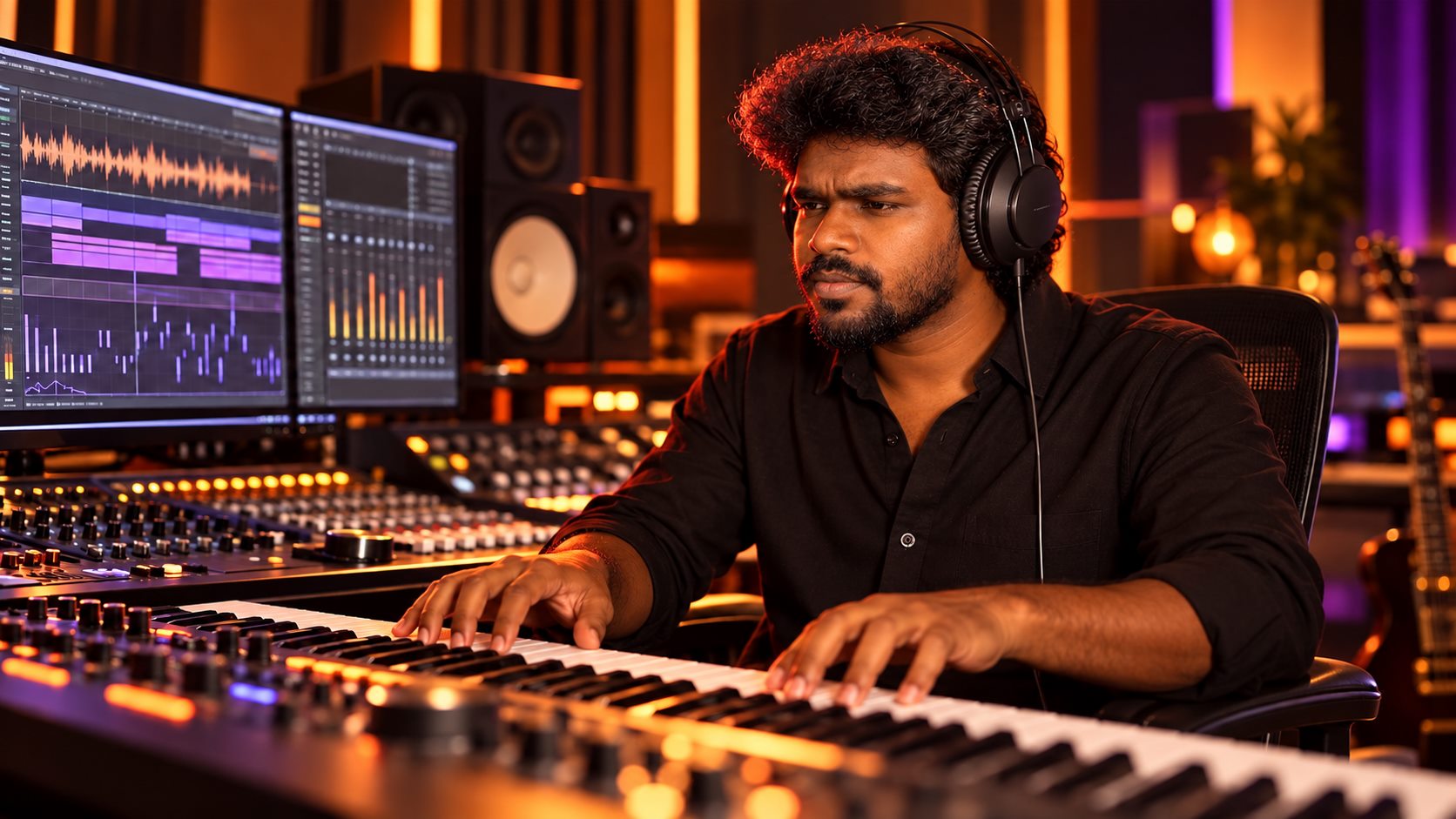 Composer creating music at a MIDI keyboard in the studio
