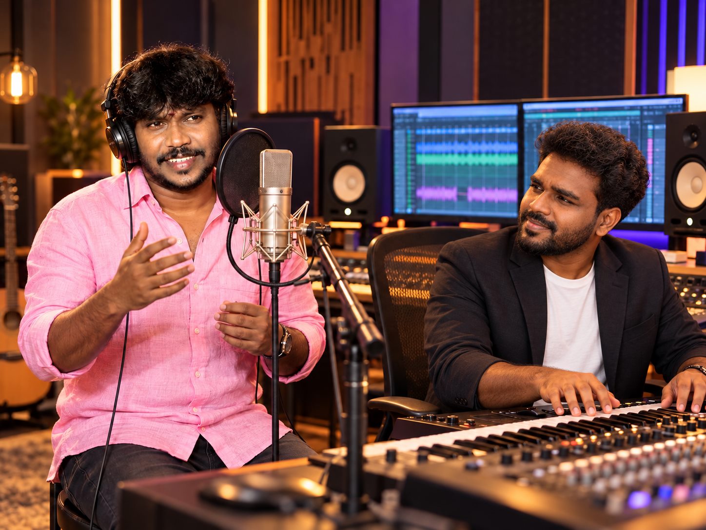 Singer and producer collaborating on an album song