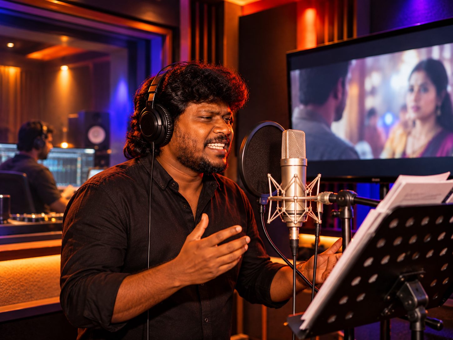 Voice actor performing a dubbing session in the studio