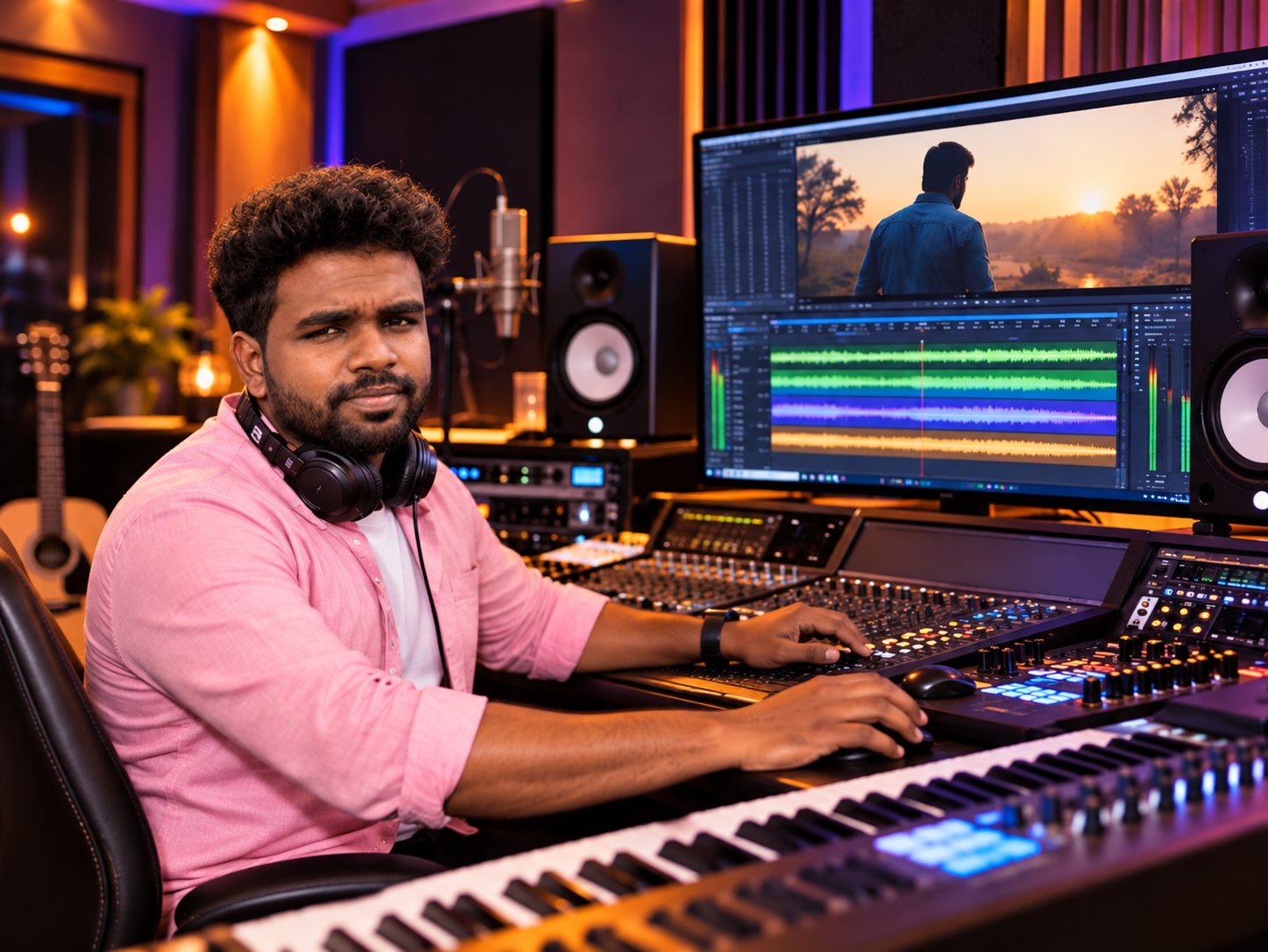 Sound designer working on short film audio in the studio